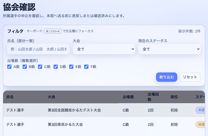 かるた会管理者申込確認画面